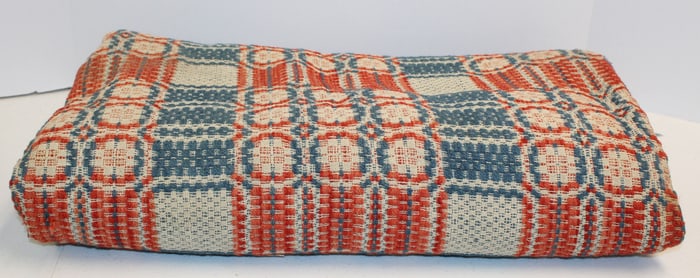 Antique red, white & blue wool coverlet with fringe - 72"x86"