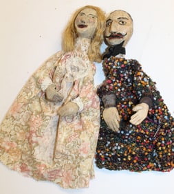 Lot of 2 wooden head puppets - man & woman - 12" tall