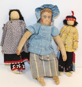 Lot of 3 small cloth dolls sitting in doll size Windsor antique style chair - 6", 6 1/2" & 8" dolls