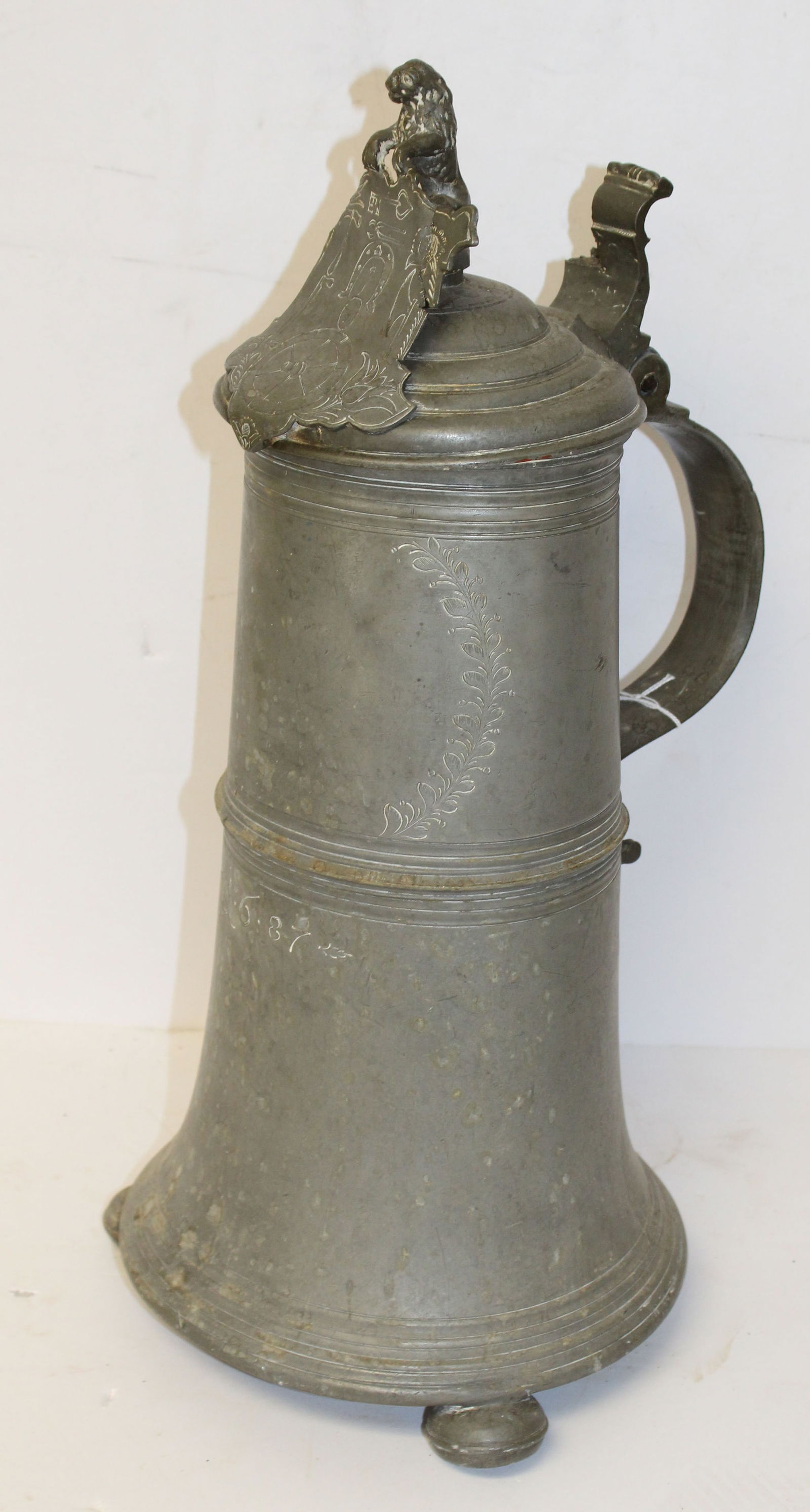 Large antique pewter tankard w lion finial & date on front 1687 - 21" tall (1 of 11)