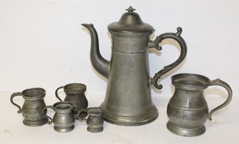 Lot of 5 antique Pewter vessels incl coffee pot & 5 different size measures - 2"-11" tall
