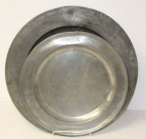 Lot of 2 antique pewter chargers w hallmarks - 16 1/4" & 20 1/4" diam
