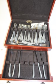 Set of 29 pcs pewter & stainless antique style flatware in flatware box plus 5 antique pewter spoons
