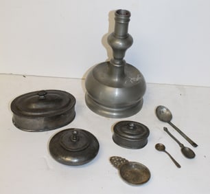 Lot of 8 pcs of vintage/antique pewter incl 8" bulbous candlestick marked Brazil, plus 3 small