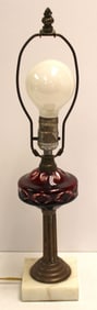 Victorian cranberry glass lamp on marble base - 13" tall