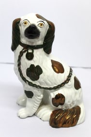 Staffordshire green & white Spaniel w copper lustre accents - 9 1/2" tall