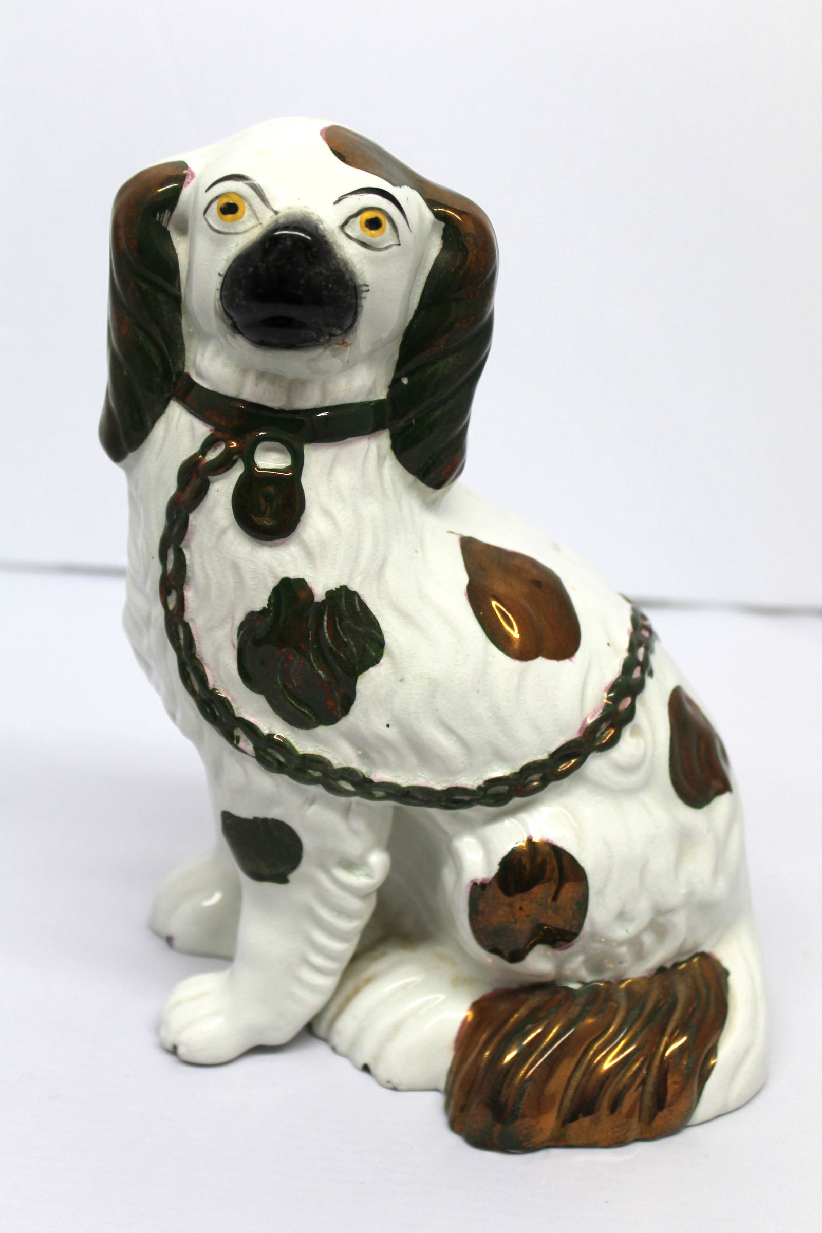 Staffordshire green & white Spaniel w copper lustre accents - 9 1/2" tall: Staffordshire green & white Spaniel w copper lustre accents - 9 1/2" tall