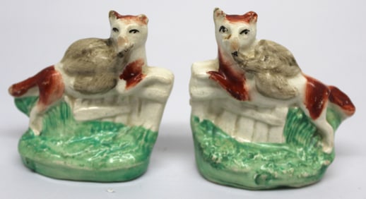 Pr of Staffordshire fox w birds small figures - 3 1/2" tall x 3 1/2" wide