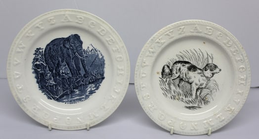 Lot of 2 ABC plates w animal transferware patterns - Wm Adams & Co Tunstall England w dog 7 1/4"