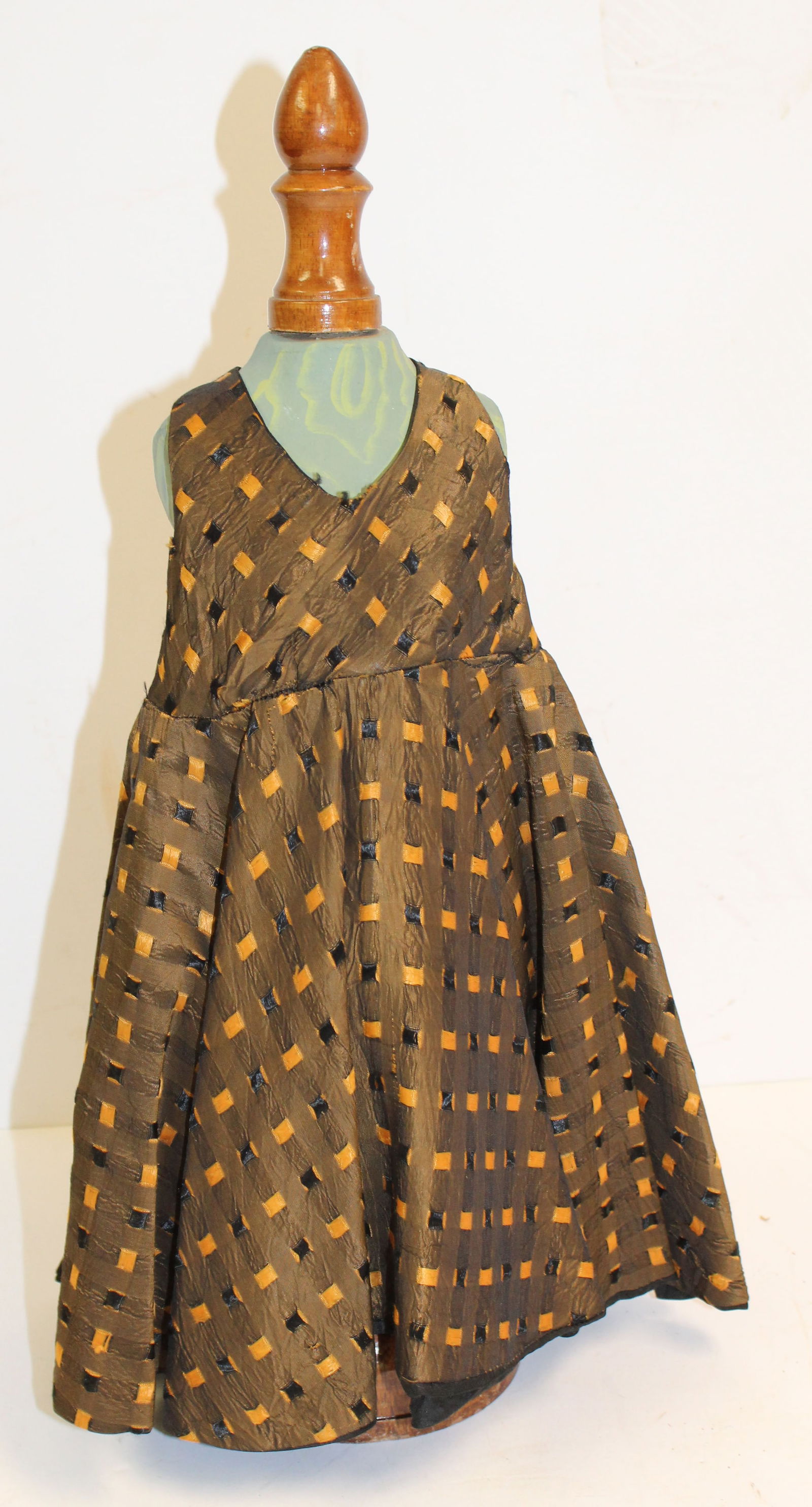 Very pretty hand made brown & gold doll dress on 18" doll dress form (1 of 7)