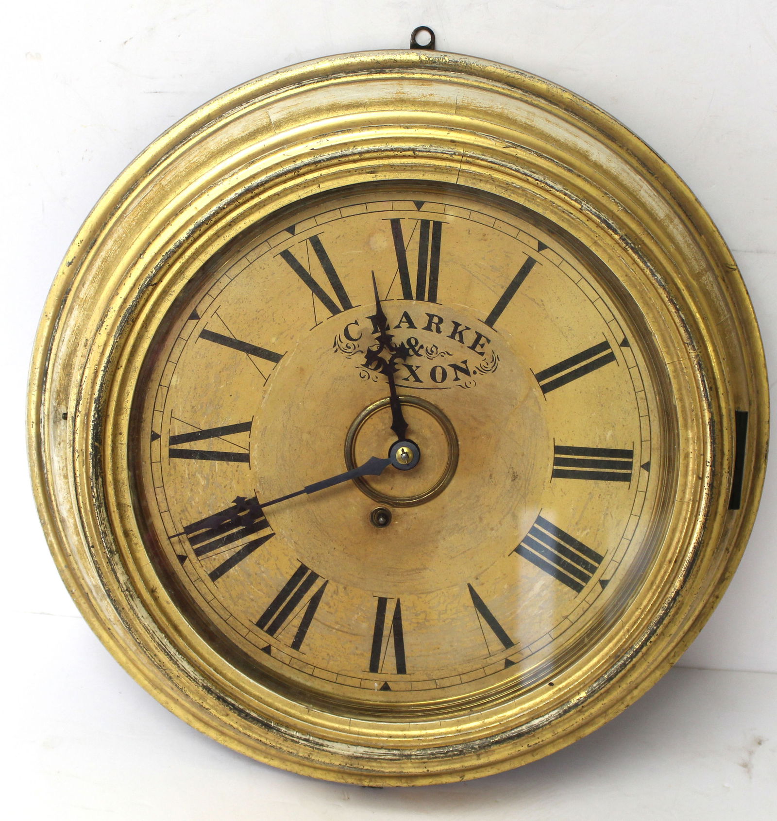 Antique round gilt painted wall clock face marked Clarke & Dixon - 18" diam (1 of 5)