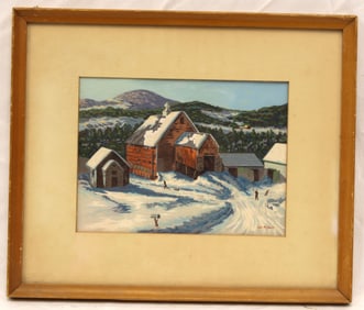 Signed Lee W Court w/c winter scene w a red barn & mountains in background - overall framed size 10