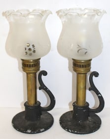 pair of antique candle lamps w frosted etched shades - 11 1/4" tall