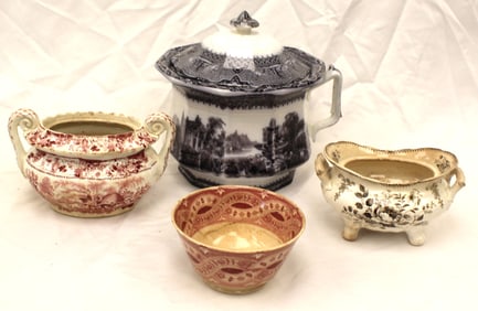 Lot of 4 Staffordshire transferware pieces incl black chamber pot, brown sugar bowl, red waste bowl