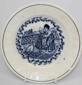 Staffordshire ABC "Brail" transferware plate w children & goose dec - 6 1/4" diam