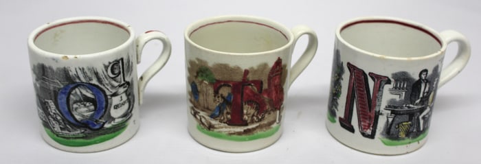Lot of 3 children's 2 letter Alphabet mugs w transferware dec - "M&N", "Q&R" & "S&T" - each approx 2