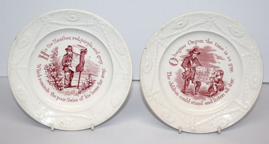 Lot of 2 Staffordshire Alphabet red transferware plates w "H is for Heather" & "O is for Organ"