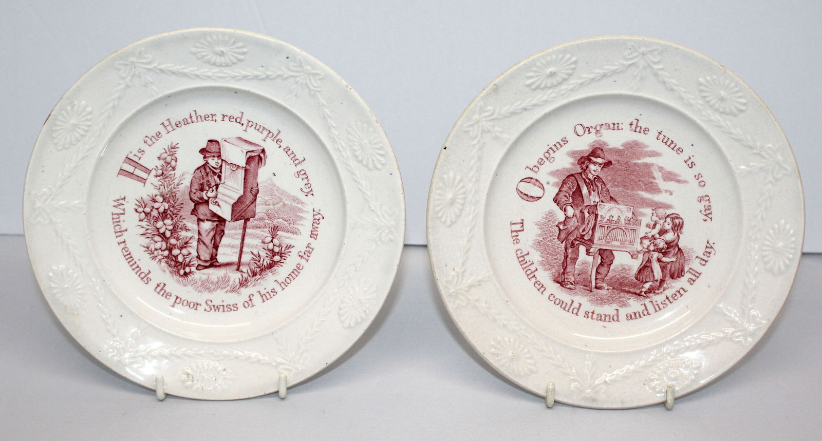 Lot of 2 Staffordshire Alphabet red transferware plates w "H is for Heather" & "O is for Organ" (1 of 9)
