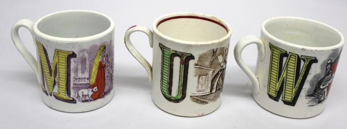Lot of 3 children's 2 letter Alphabet mugs w transferware dec - "M&N", "U&V" & "W&X" - each approx 2