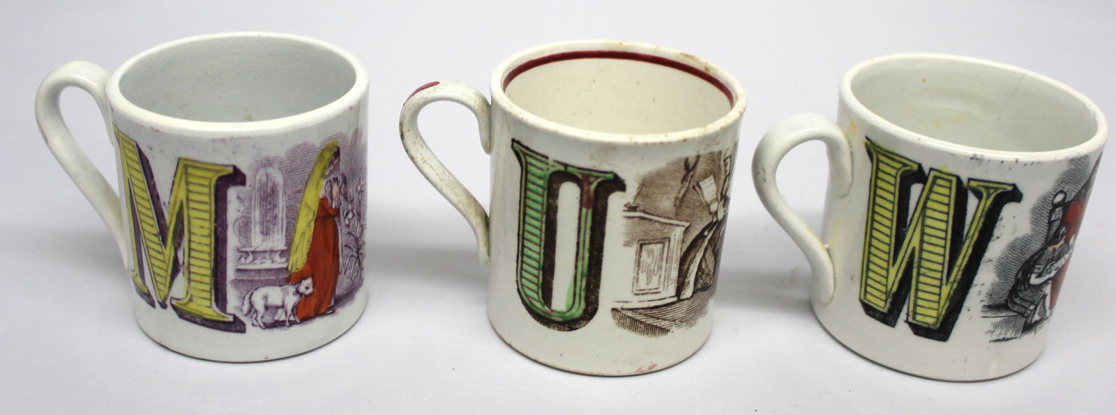 Lot of 3 children's 2 letter Alphabet mugs w transferware dec - "M&N", "U&V" & "W&X" - each approx 2 (1 of 6)