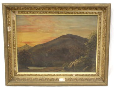 Antique o/c landscape w mountains & river at sunset - overall framed size 18"x22 1/2"