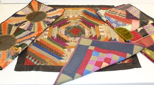 Lot of 3 vintage/antique doll crazy quilts plus a pillow cover - 22"x21"; 23"x23" & 21 1/2"x22"; 13