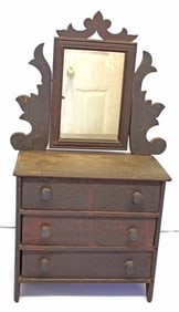 Antique doll size 3 drawer dresser w mirror - 19 1/2" tall x 12" wide x 6" deep