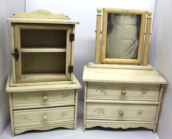Lot of 2 pieces of vintage doll furniture in white paint w floral dec incl 3 dr dresser w mirror &