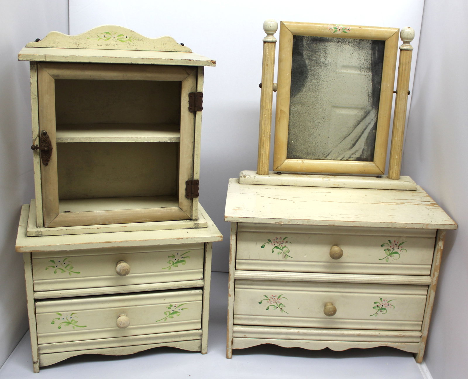 Lot of 2 pieces of vintage doll furniture in white paint w floral dec incl 3 dr dresser w mirror &: Lot of 2 pieces of vintage doll furniture in white paint w floral dec incl 3 dr dresser w mirror & hutch - 19 1/2" tall x 12 1/2" wide x 7" deep & 19" tall x 10 1/2" wide x 6 1/2" deep