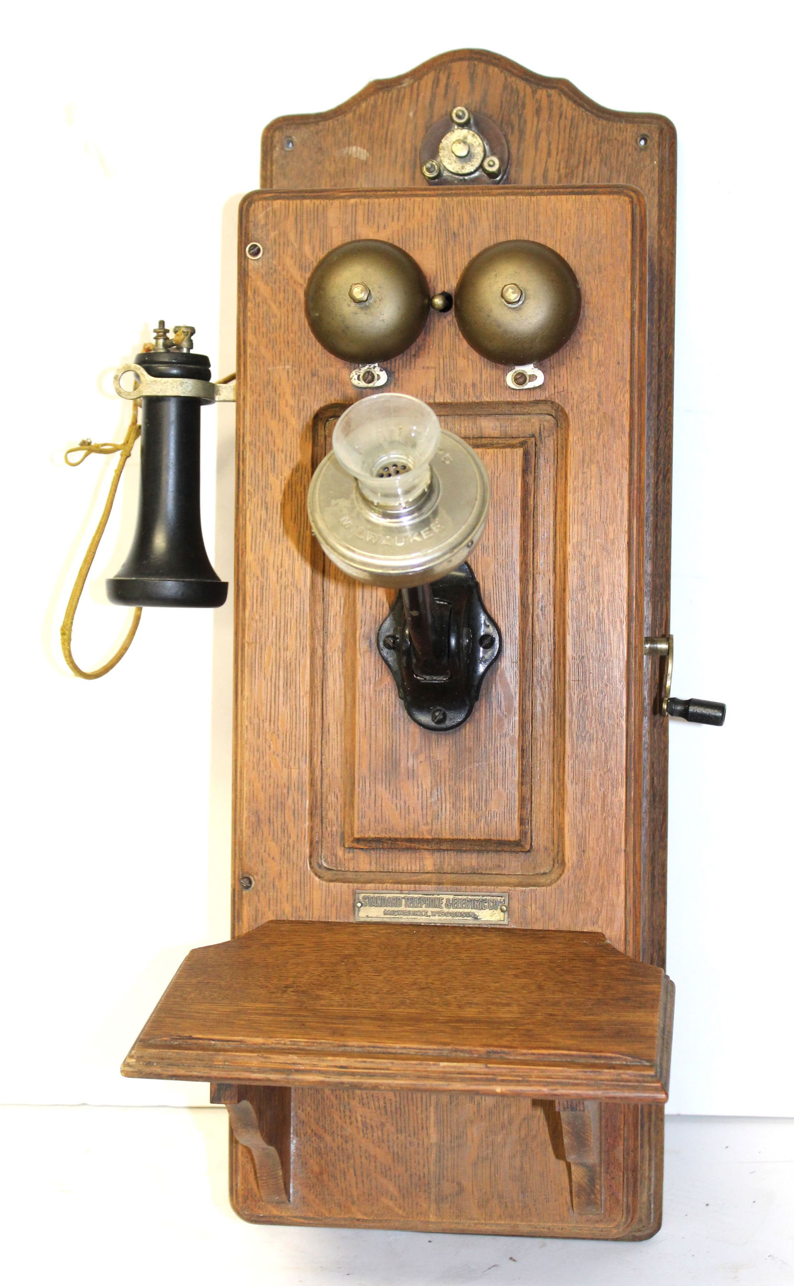 ca 1905 oak telephone marked inside Standard Telephone & Electric Company w rare glass mouthpiece (1 of 7)