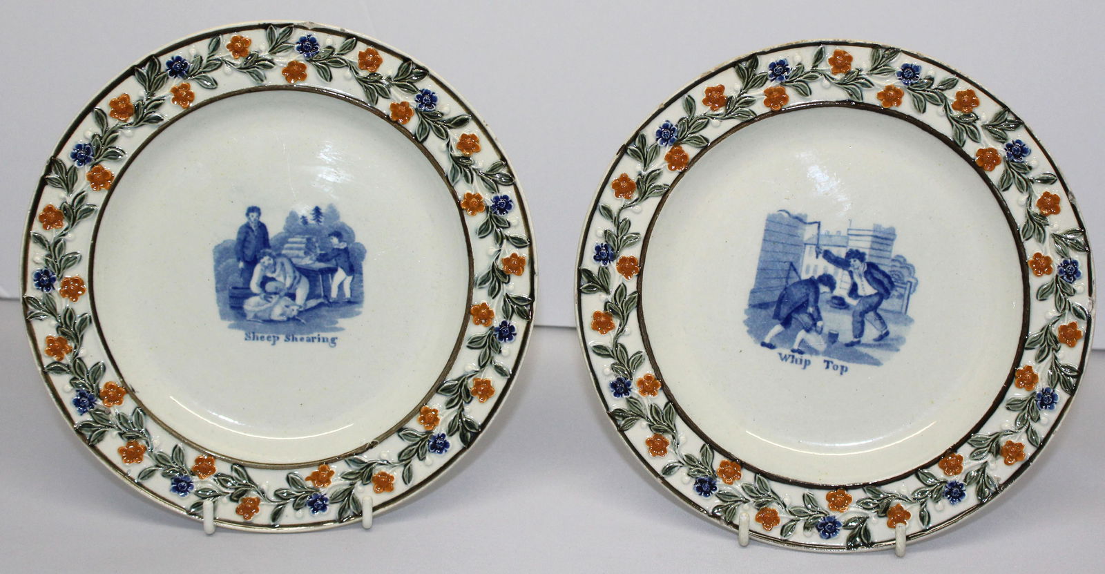 Lot of 2 Pearlware children's plates w prattware floral border & blue transfer centers "Sheep (1 of 9)