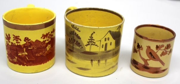 Lot of 3 Children's mugs - 2 Canary Lustre & 1 Pink Lustre - as found - w scenic & bird transferware