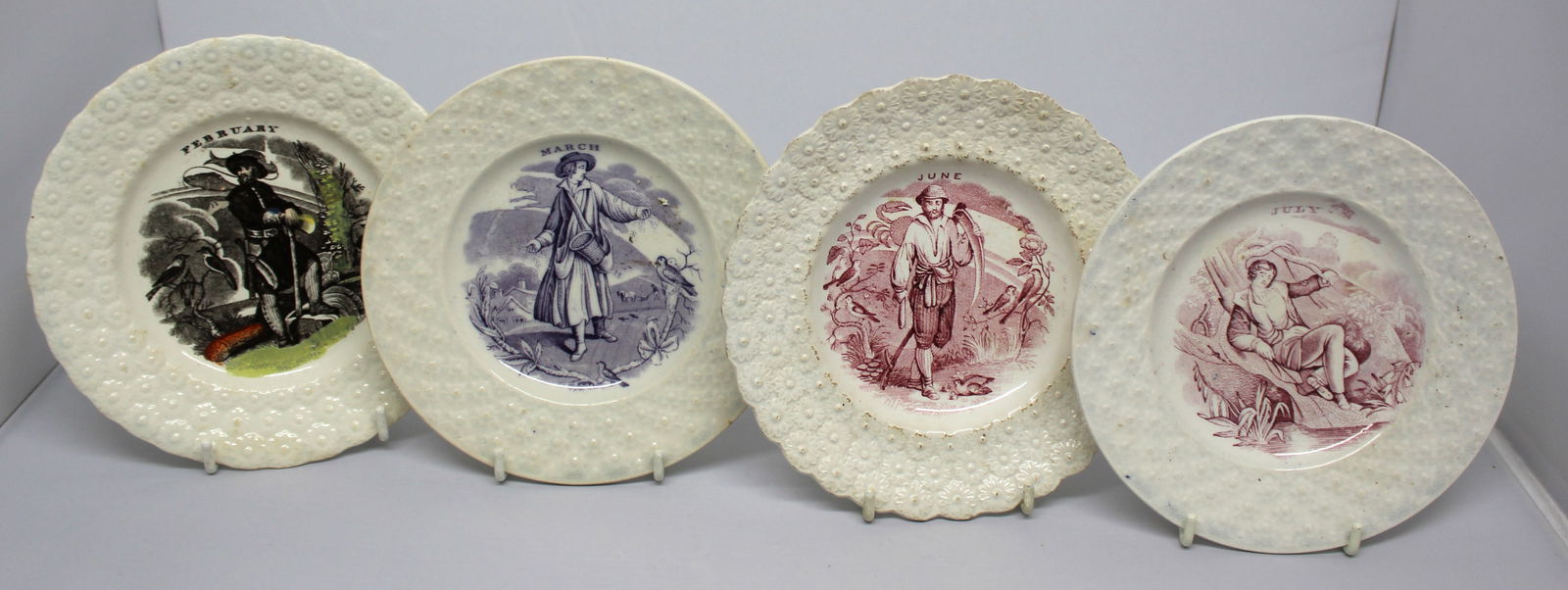 Lot of 4 children's plates w transferware dec depicting different months - February", "March", (1 of 13)