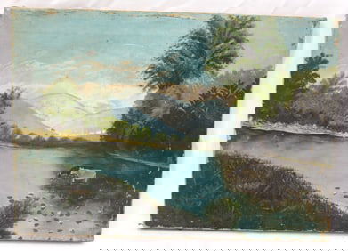 Antique o/c of riverscape w mountains & cows watering - unframed 12"x17"
