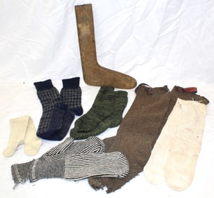 Lot of antique wool & other socks plus a sock form & a pr of wool mittens