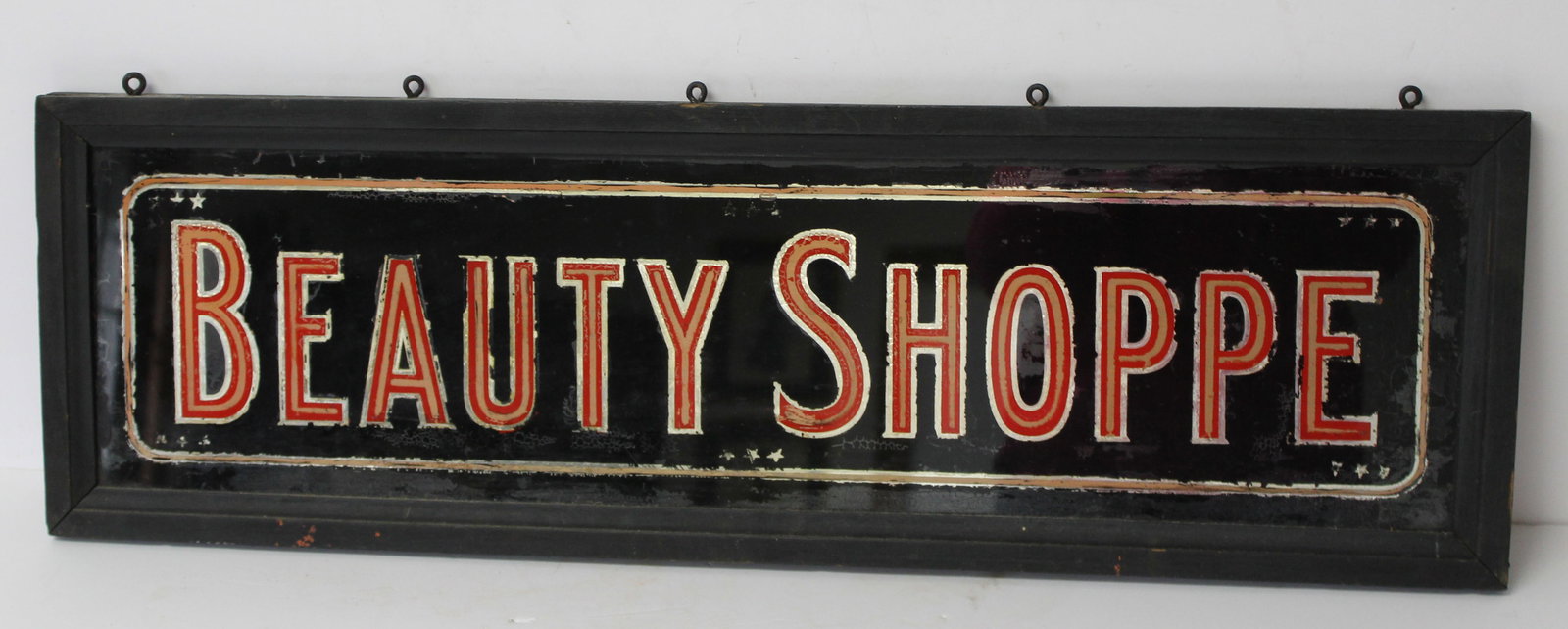 Antique painted on glass "Beauty Shoppe" sign - 10"x32": Antique painted on glass "Beauty Shoppe" sign - 10"x32"