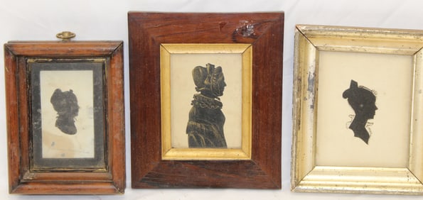 Lot of 3 antique silhouettes of woman - 2 cut & 1 drawn w gold accents - 6 1/2"x4 3/4" walnut framed