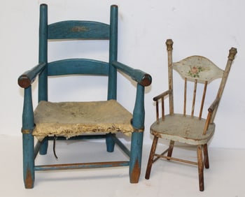 Lot of 2 antique child's/doll's chairs in blue & white paint - 18" & 15" tall