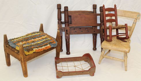 Lot of antique doll furniture incl 2 beds, headboard & footboard & 2 chairs
