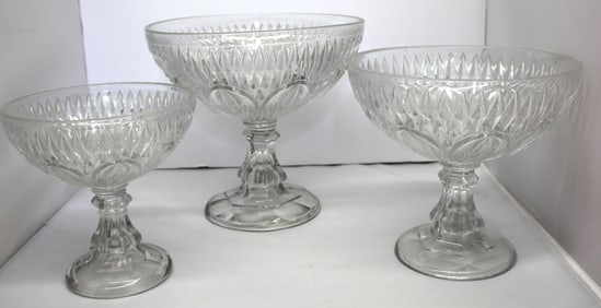 Lot of 3 early Flint Glass compotes - 7 1/2" x 7 1/4" diam, 8 1/2"x9 1/2" diam & 10"x10 1/2" diam