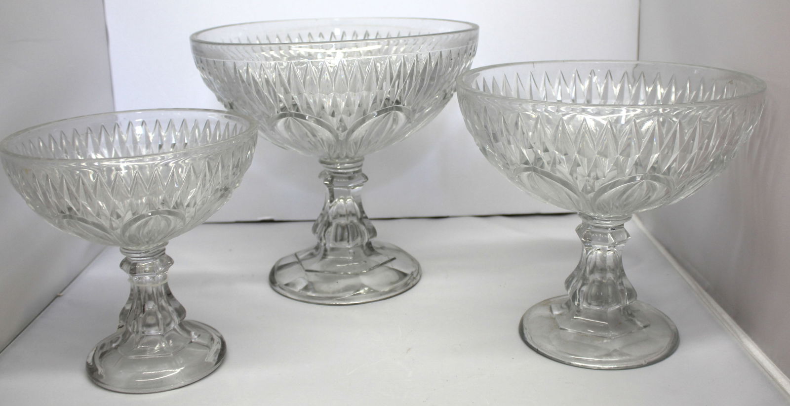 Lot of 3 early Flint Glass compotes - 7 1/2" x 7 1/4" diam, 8 1/2"x9 1/2" diam & 10"x10 1/2" diam (1 of 10)