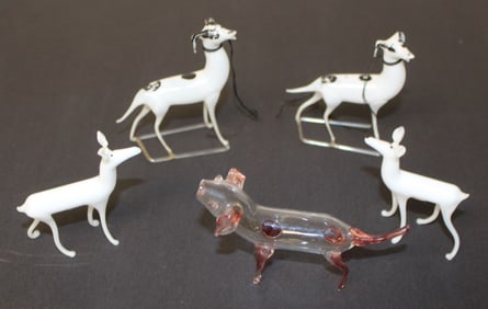 Lot of 5 Bimini glass animals incl 2 deer & 3 dogs (1 dog missing a leg) - 2"- 3 1/2" tall