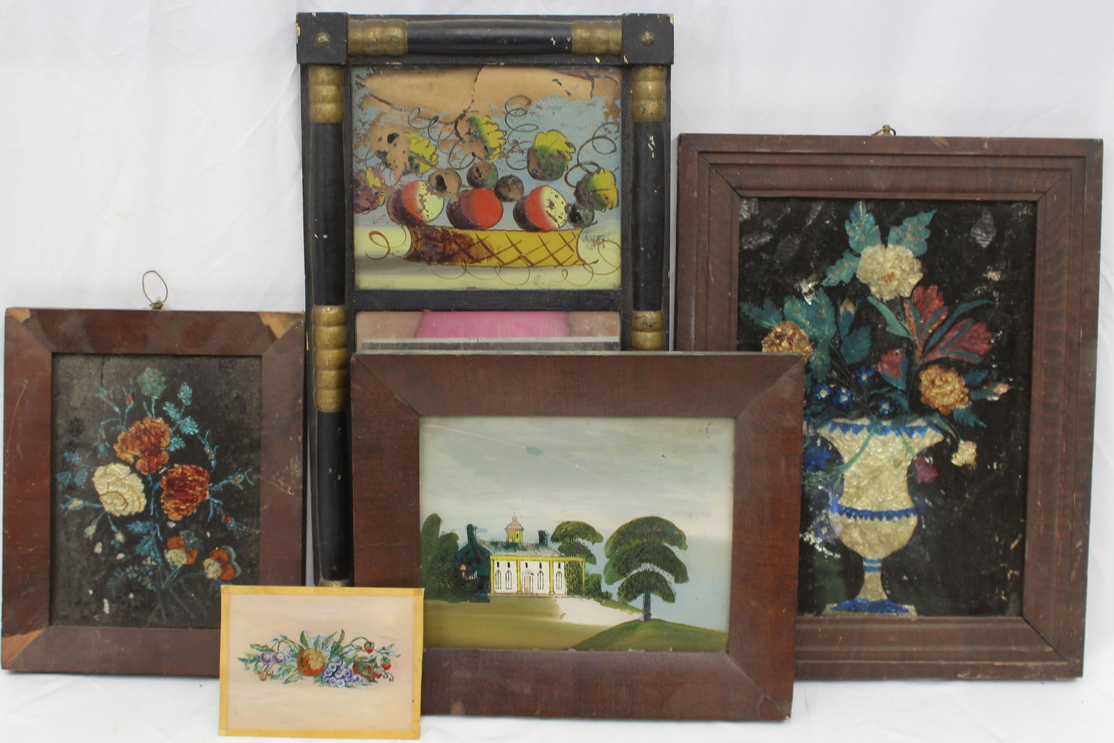 Lot of 3 reverse paintings on glass incl a mirror - smallest 4 1/2"x6 & largest is 20 1/2"x11" (1 of 7)