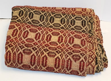 Antique wool & linen red & brown blanket/coverlet - 78"x89"
