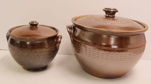 Lot of 2 Antique Stoneware Bean Pot & Bread Proofing Pot w Covers medium brown glaze and coggle