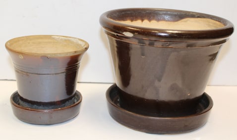 Lot of 2 stoneware brown glazed flower pots - 4 1/4"x 4 1/2" diam & 6" x 7 1/2" diam