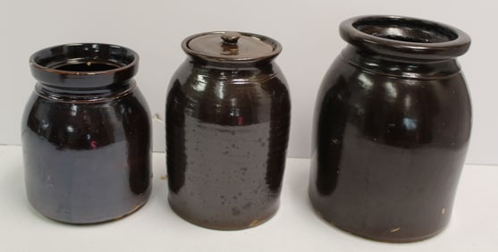 Lot of 3 stoneware brown glazed jars/crocks - 1 w cover - 7 1/2"x5" diam, 8 1/2" x 41/2" diam & 9