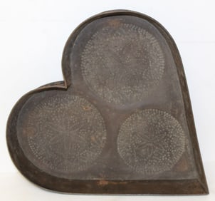 Wonderful antique tin heart form cheese drain - 15"x14 3/4"