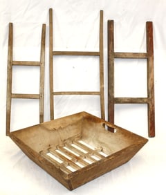 Lot of 3 antique wooden cheese ladders plus a wooden cheese drain - 24", 26" & 28" tall ladders & 5