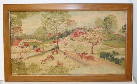 Ca 1940's bark cloth spring time country farm scene w horses, cows, people & horse drawn wagon -